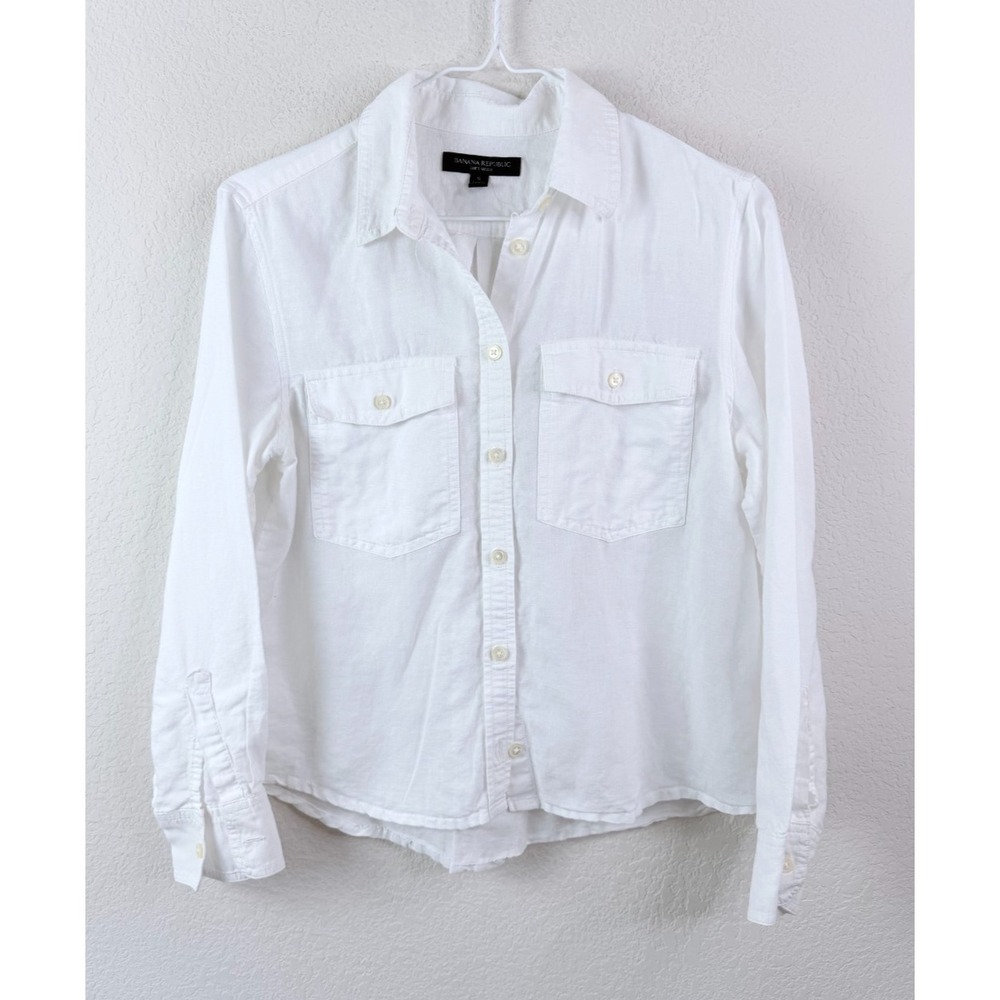 Banana Republic White Linen Cotton Button Front Shirt Womens Size S Soft Wash